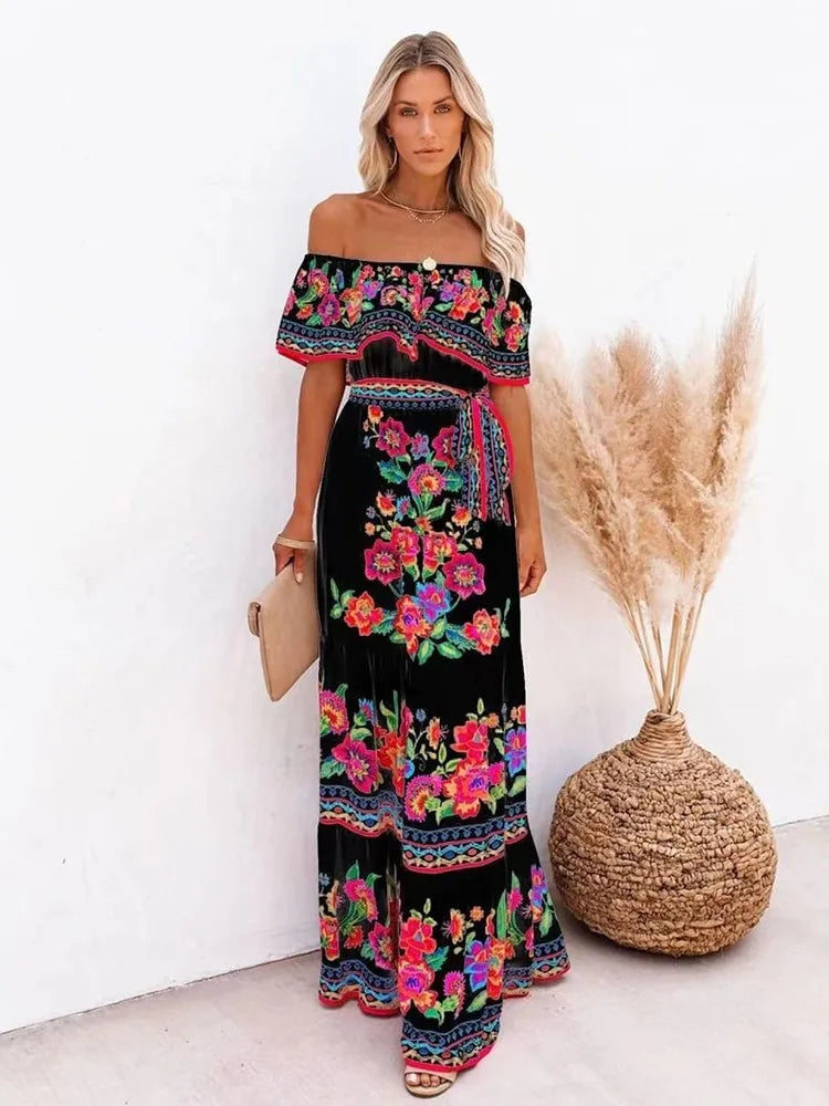 Spring Summer Red Floral One-Shoulder Lace-Up Maxi Dress