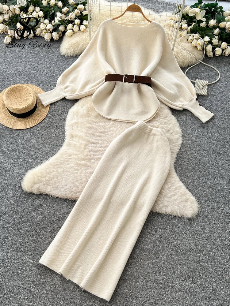 Autumn Batwing Sleeve Tops+High Waist Long Skirt