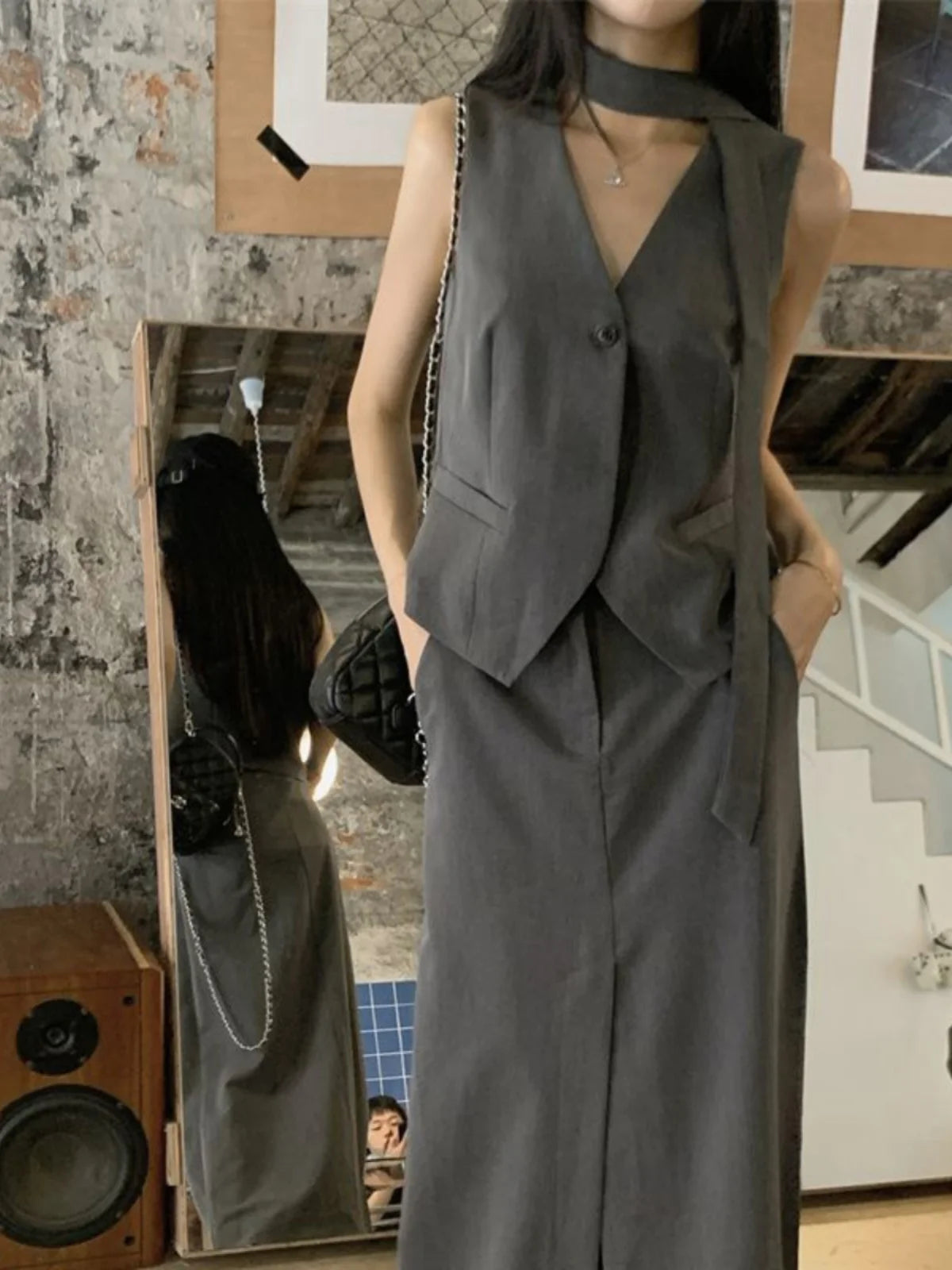 Retro Grey Sleeveless High Waist Split Skirt Fashionable Two-Piece