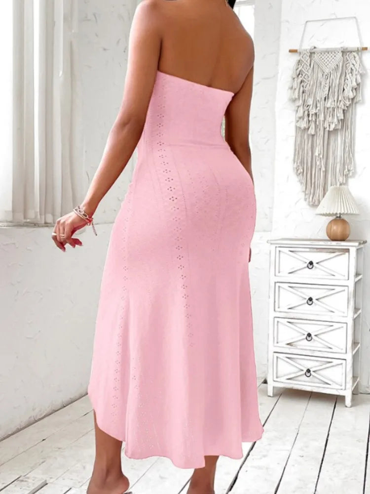 New Summer Bandeau Ruched Off Shoulder Hook Flower Hollow  Slit Casual Dresses