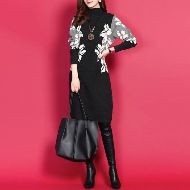 Autumn and Winter  Round Neck Long Sleeve Slim Pullover Plus Size Midi Underlay Printing Dress
