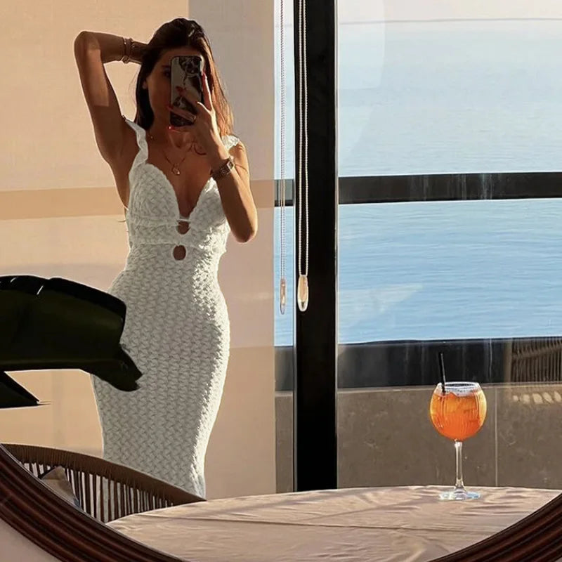 Summer Fashion Solid Color V-neck Backless Lace-up Hollow Slim Stretch Long Dress