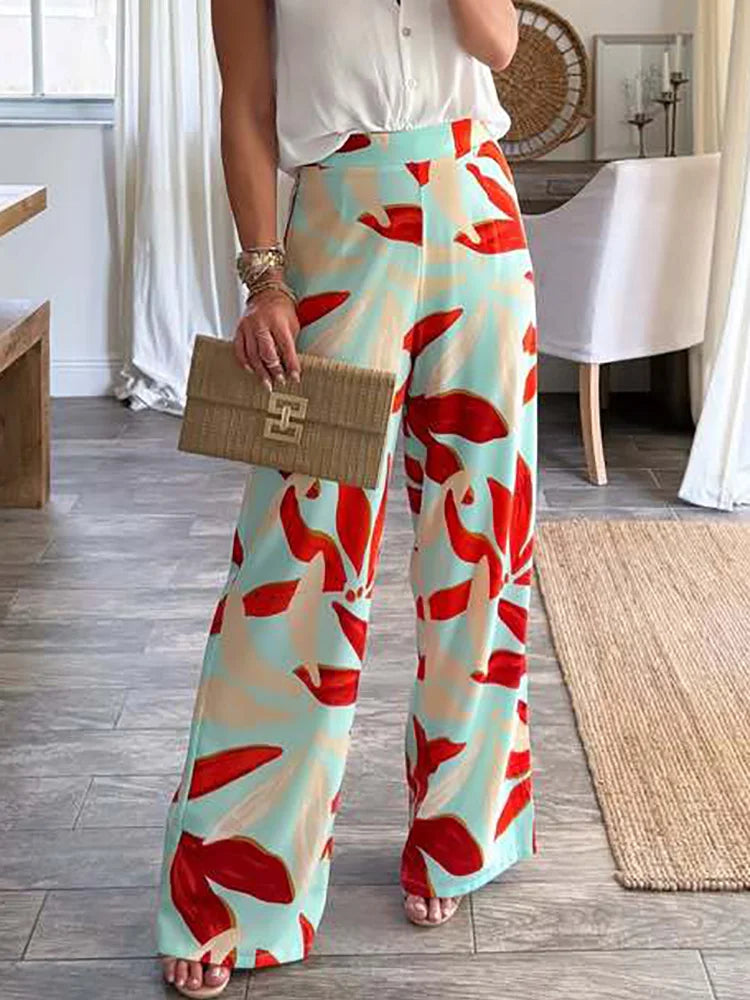 All Season Loose Casual Mid Waist Print Long Pants