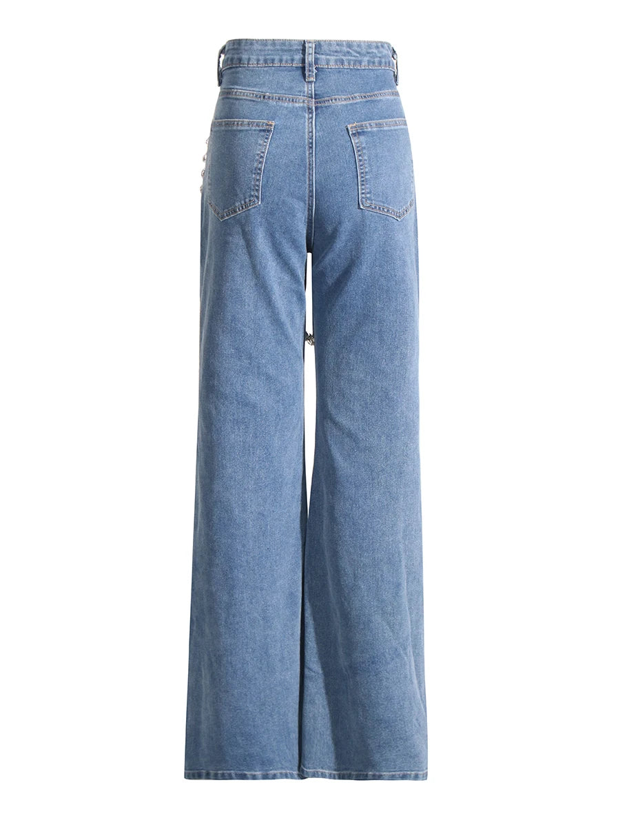 High Waist Spliced Solid Patchwork Diamonds Straight Jeans