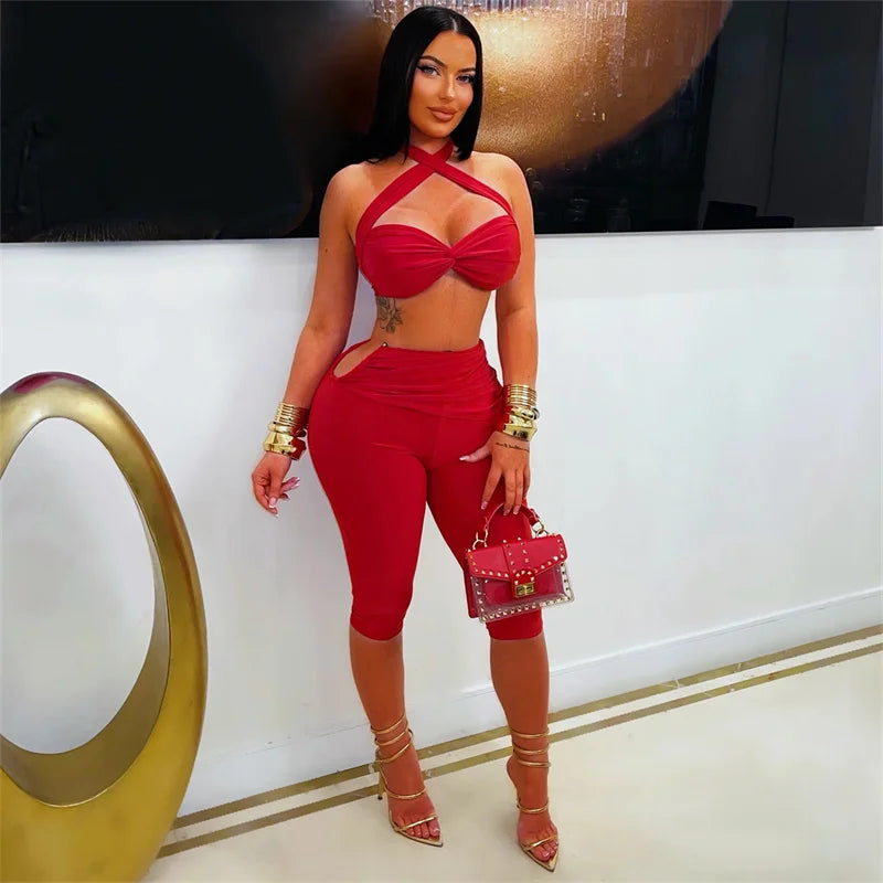 Sexy Rave Club Party Halter Draped Bra Top and Knee Length Pants Matching Sets