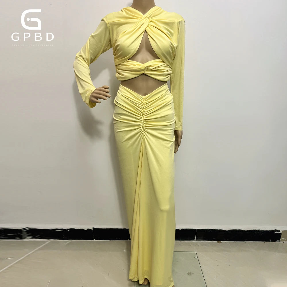Sexy Long Sleeve Twisted hollow out midriff-baring Slim Two Piece Dress