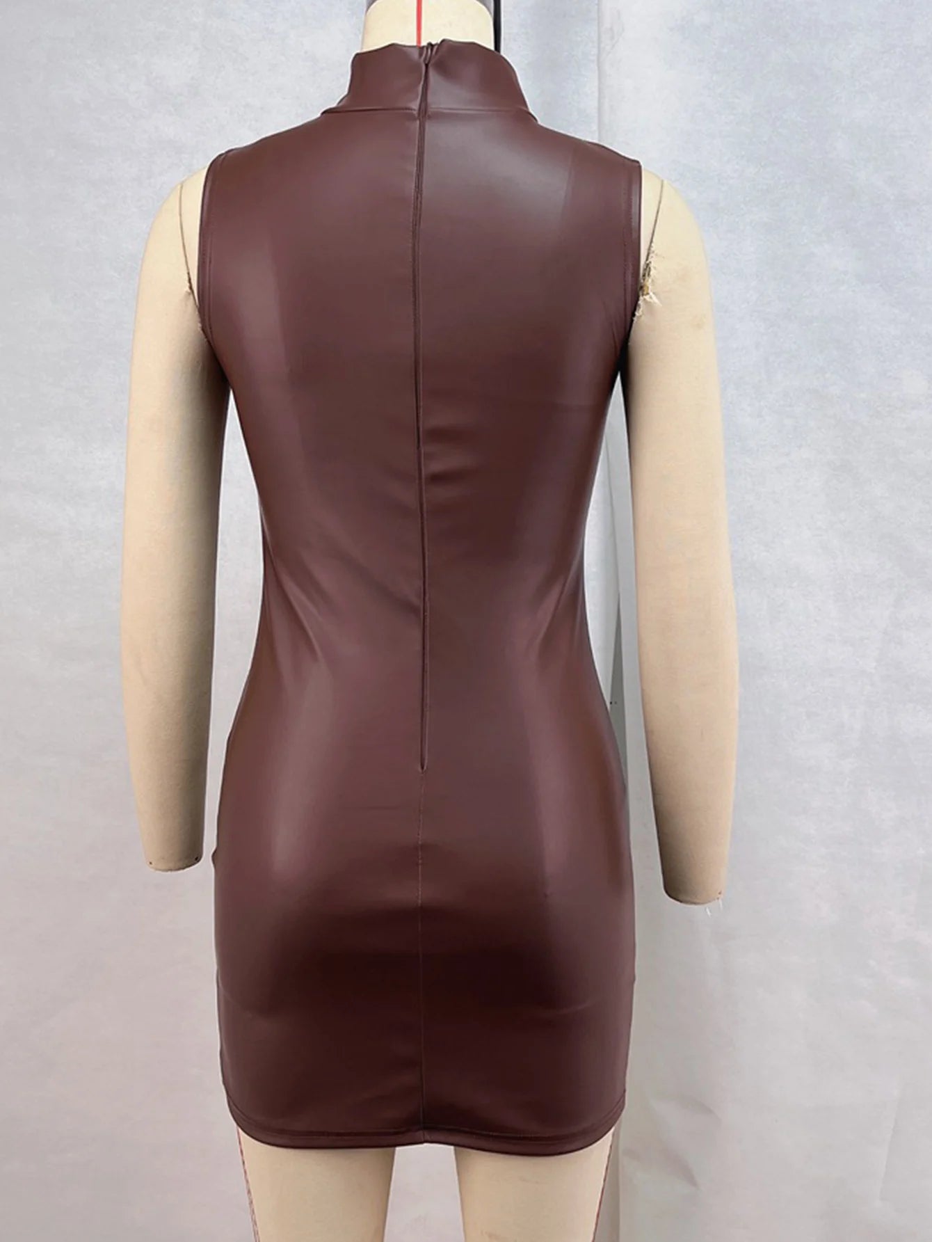 Sexy Brown PU Leather Mini Summer Dress