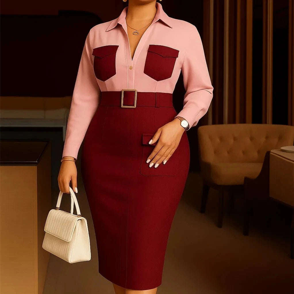 Long Sleeves Turn Down Collar Color Block Patchwork Dress