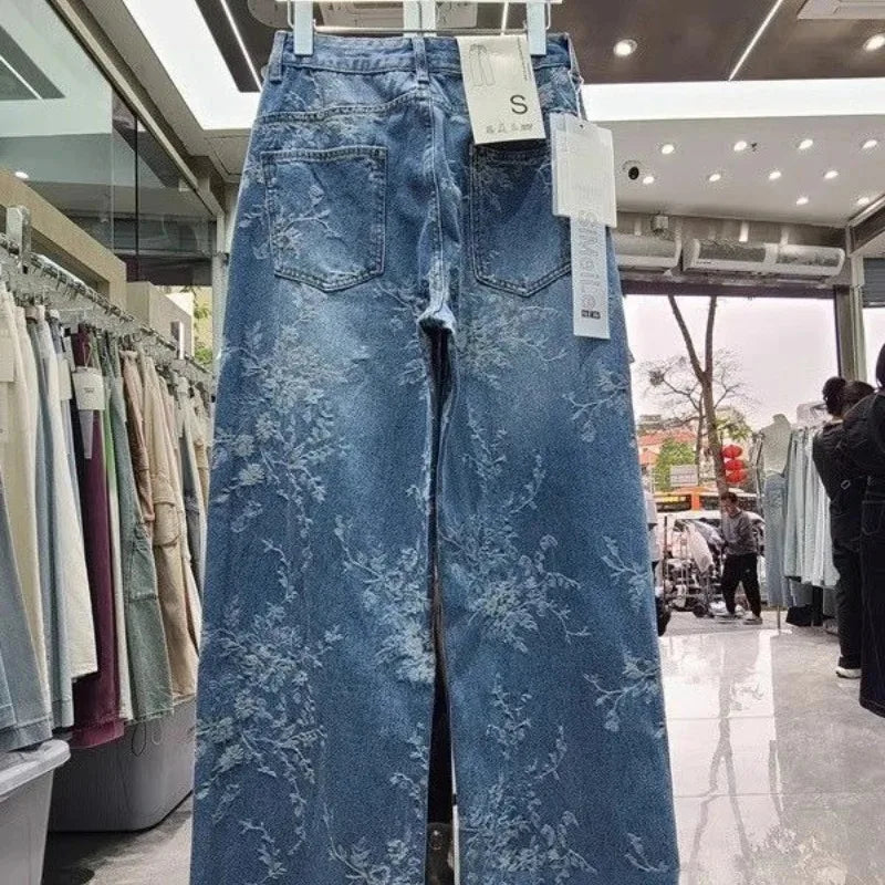 Korean Jacquard Wide-Leg Jeans