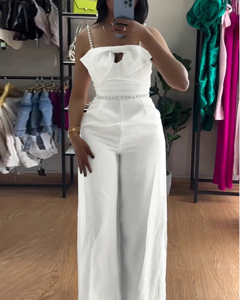 New Bandeau Beaded Spaghetti Strap Bowknot Design Ruched Slim Fit Jumpsuit