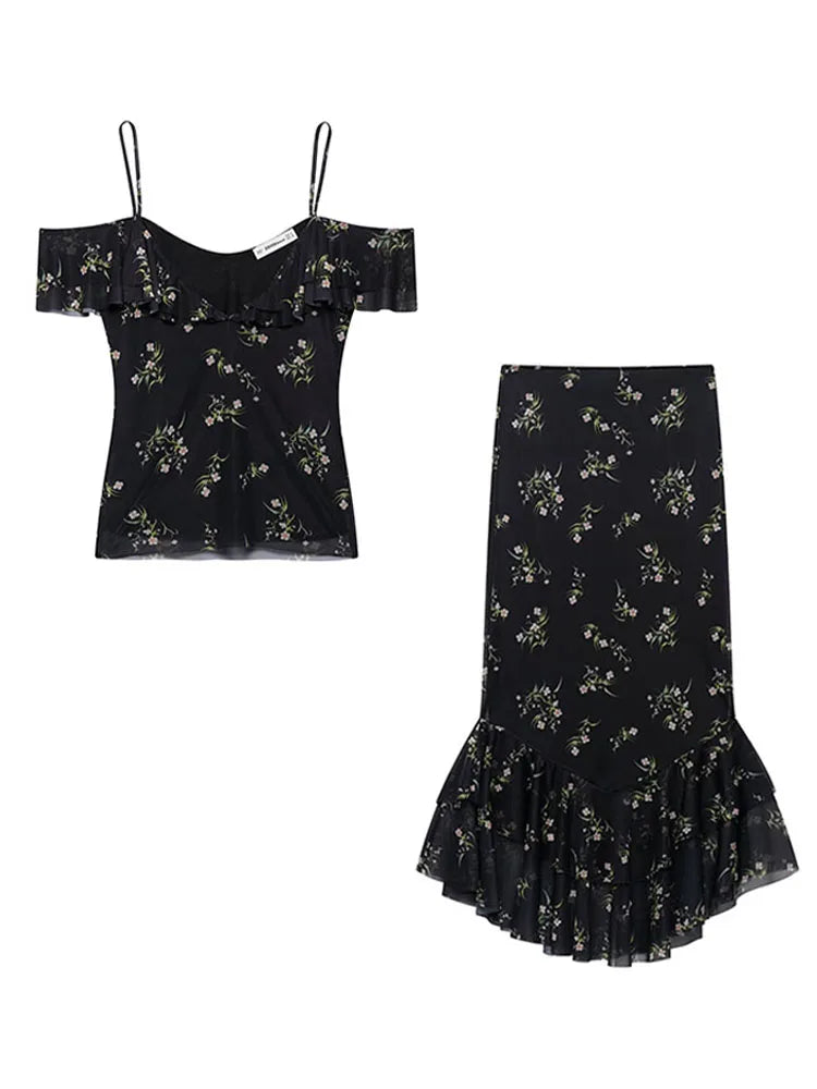 Elegant Ruffle Mesh Skirt Suit – Sleeveless Backless Top &  Pleated Long Skirt Set