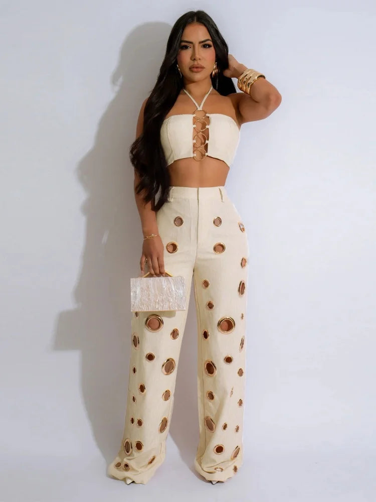 Two Piece Club Set – Cutout Crop Top & Matching Pants for Summer Nights