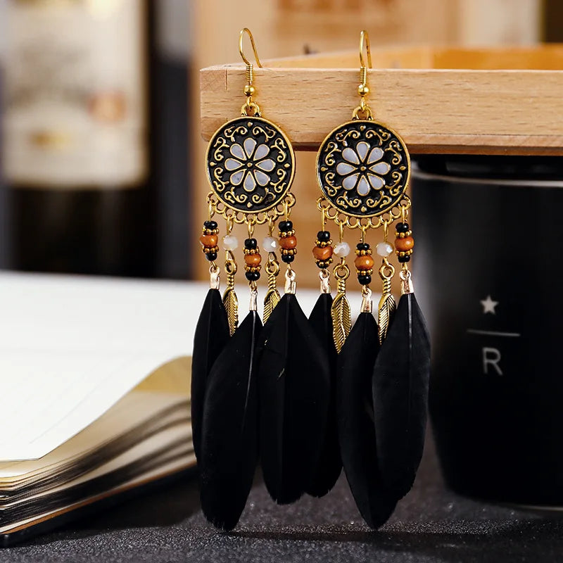 Boho Long Feather Dangle Earrings – Handmade Tassel & Enamel Flower Statement Jewelry for Women
