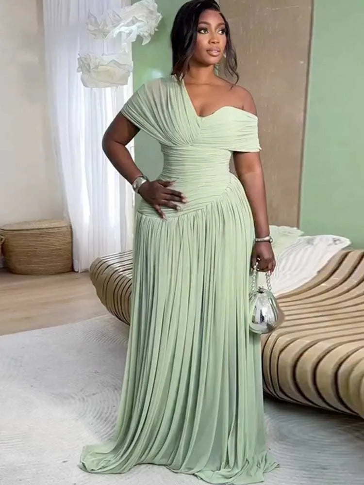Curvy Pleated  Waist Slimming Assymetric V Neck Off Shoulder Dress
