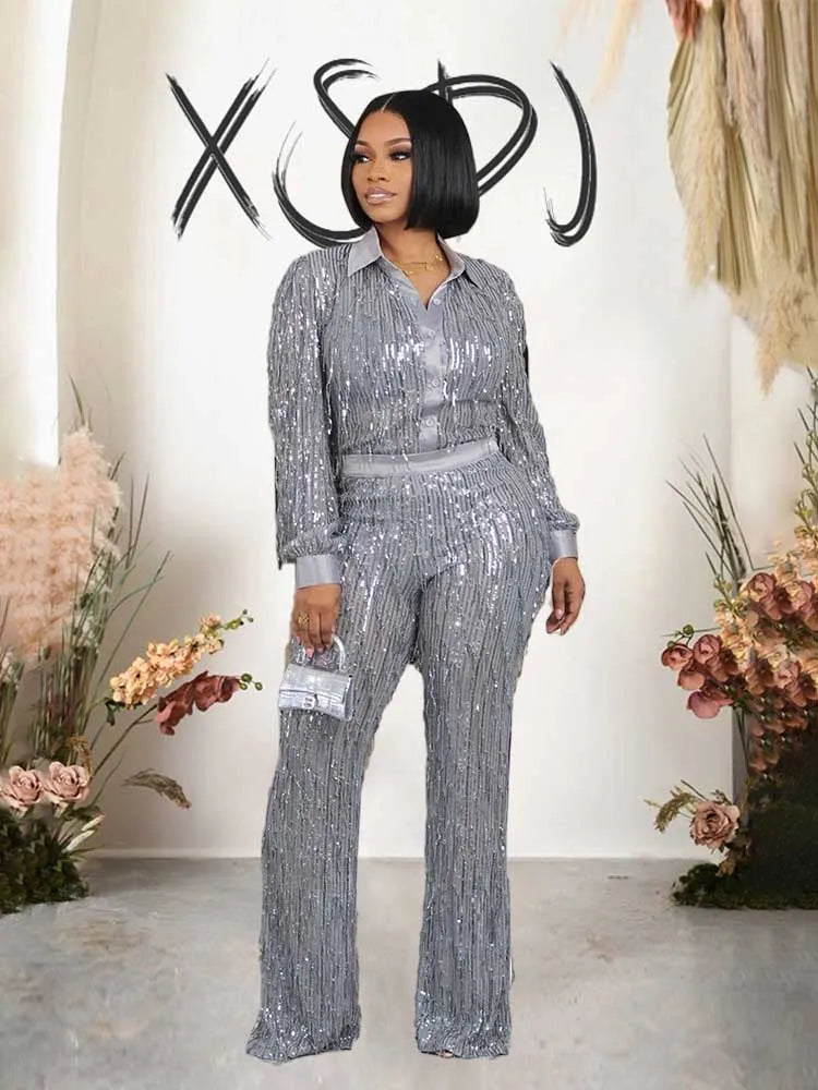 Long Sleeve Tassel Sequins Top and Long Trouser Nightclub Wear Two Piece See Through Outfits