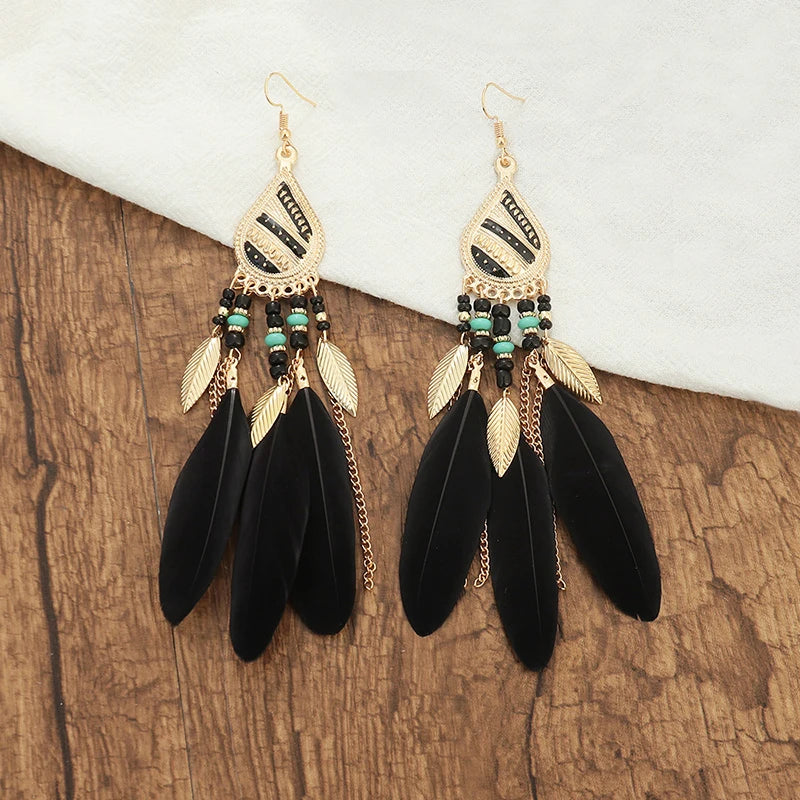 Boho Long Feather Dangle Earrings – Handmade Tassel & Enamel Flower Statement Jewelry for Women