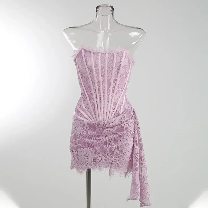 Sexy Lace  Solid Color Sheer Patchwork High Waist Lace Dress