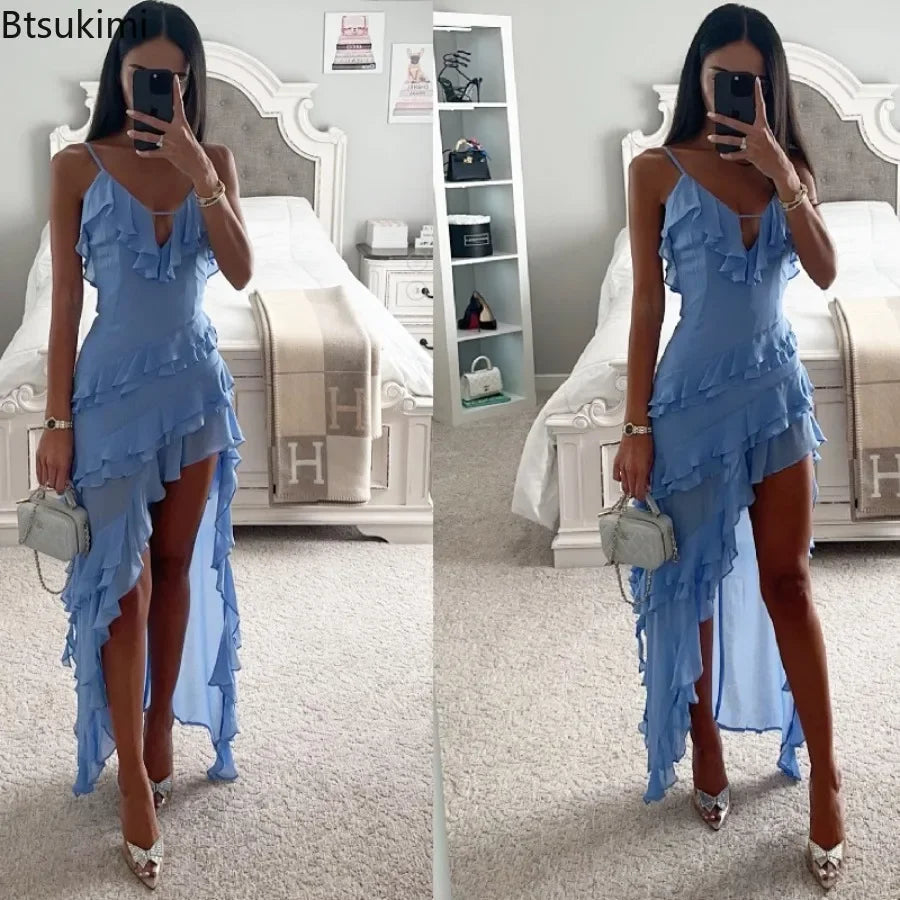 2026 Summer Sexy Ruffles Spaghetti Strap Maxi Dress