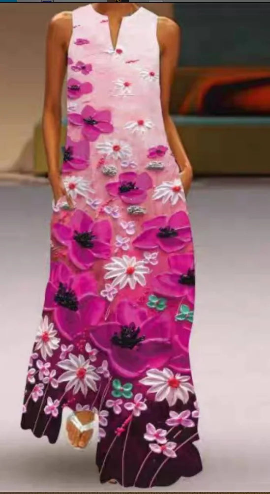 Summer Dress Sleeveless V Neck Floral Letter Print Maxi Long Dresses