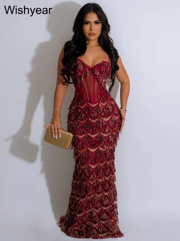 Sequined Spaghetti Strap Mesh Patchwork Bodycon Dress