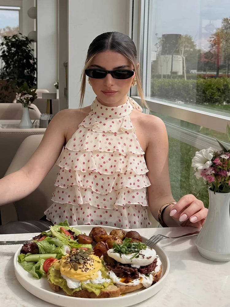 Elegant Ladies Halter Neck Ruffle Chiffon Blouse - Summer Wear