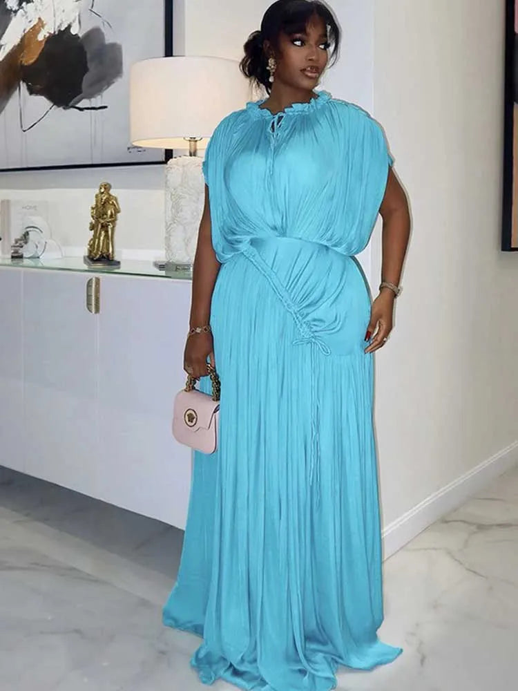 High Waist Draped Chic Sky Blue Dress