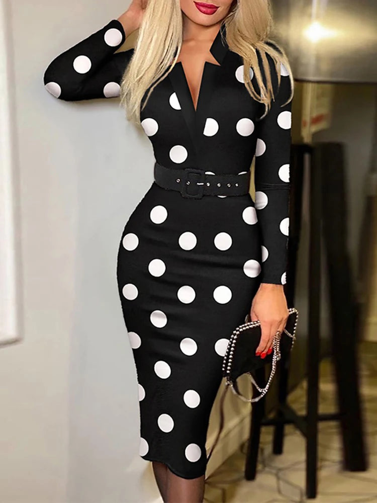 Spring Autumn Deep V-Neck Long Sleeve Slim Dress