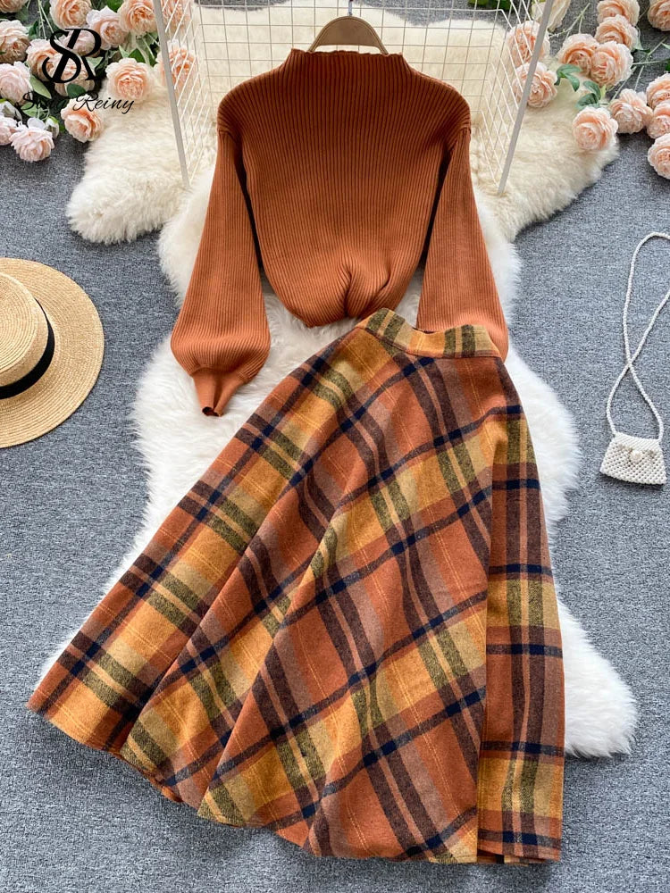 Fashion Lantern Sleeve Sheath Knitted Top+Elastic Loose Long Skirt Two Pieces Sets