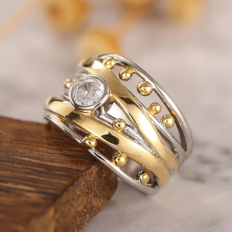 Noble Two-tone Rings with Brilliant Cubic Zirconia
