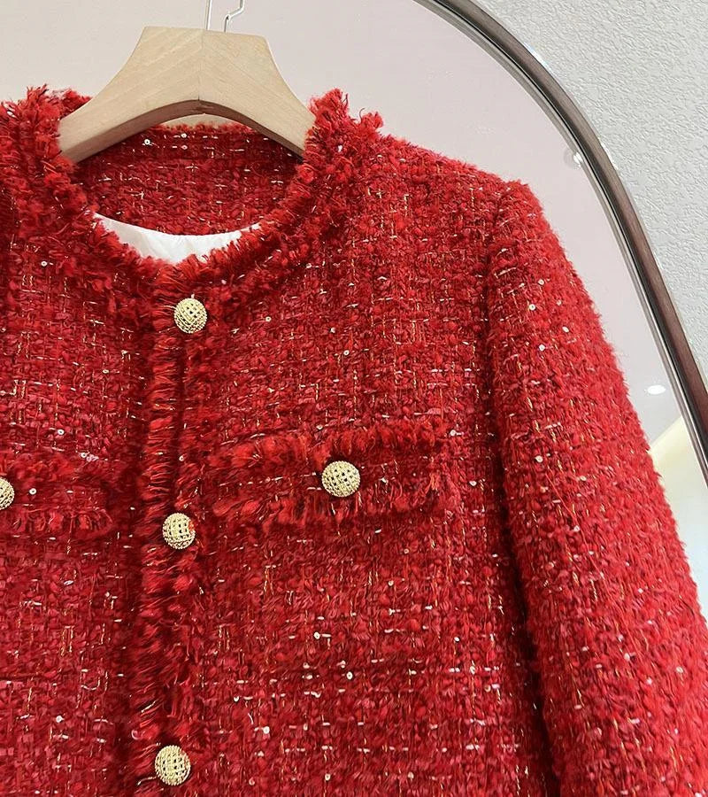 Red Cropped Tweed Coat for Women