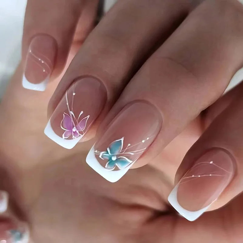 24Pcs Mid-length Square Press-On Nails with Golden Butterfly Design