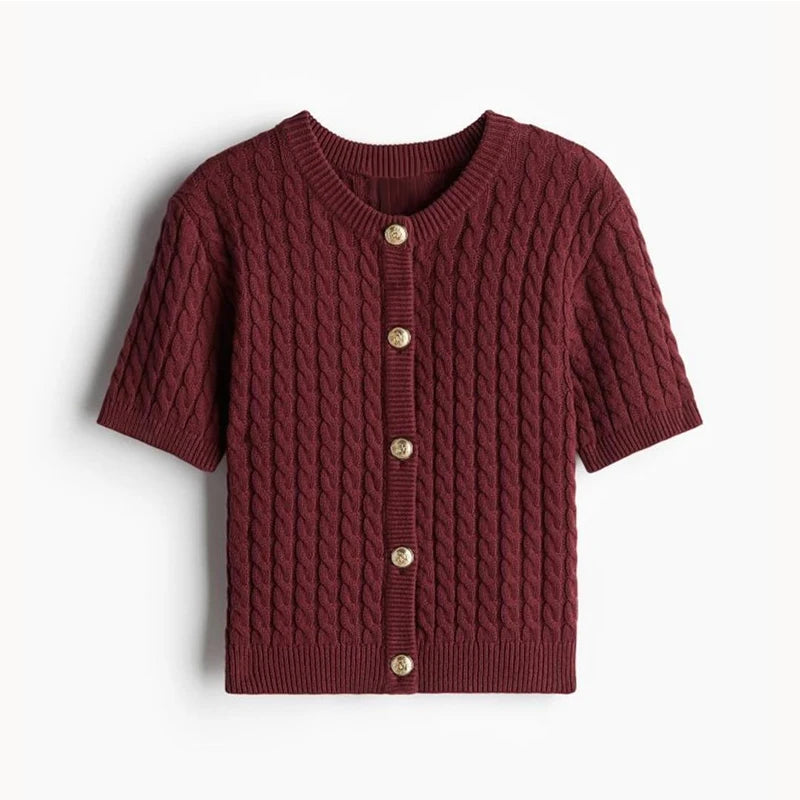 Solid O-neck Single Breasted Criss-cross Casual Knitted Short Sleeve Cardigan