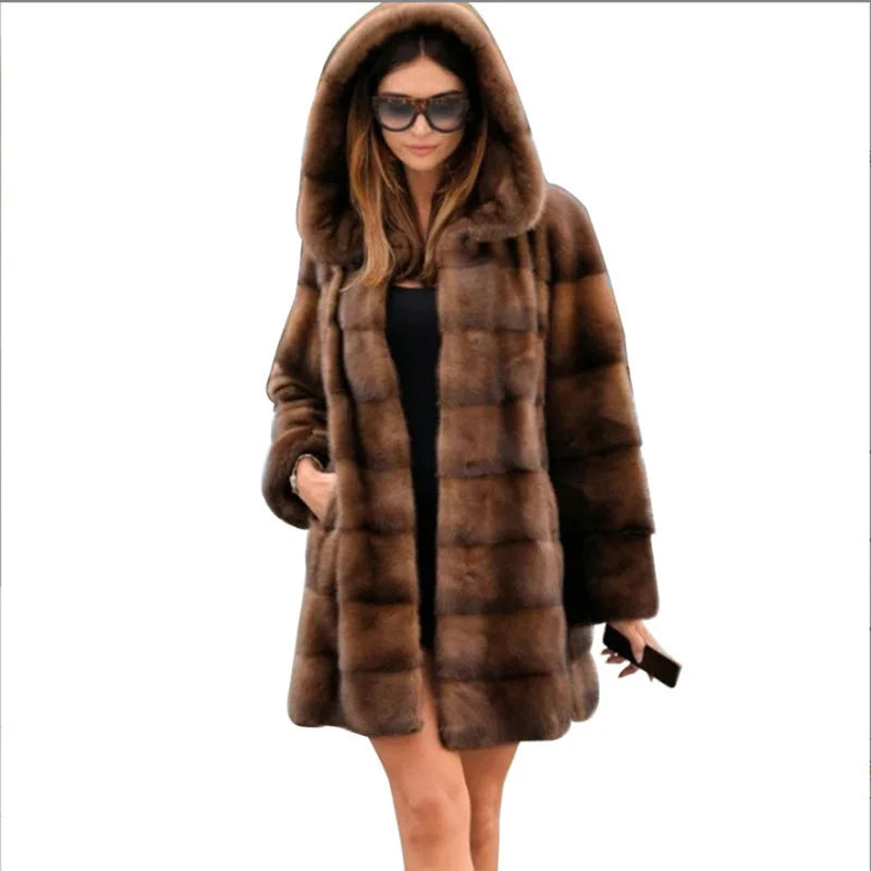 Women’s Faux Fur Mid-Length Hooded Coat – Thick, Warm & Effortlessly Elegant for Autumn/Winter