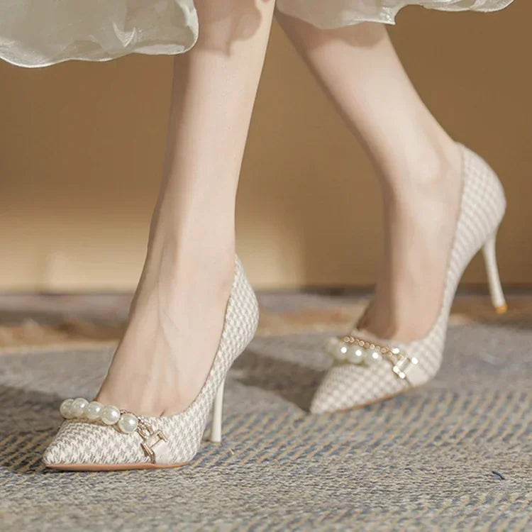 Pointed Toe Metal Chain  Pearl Formal Thin Heels