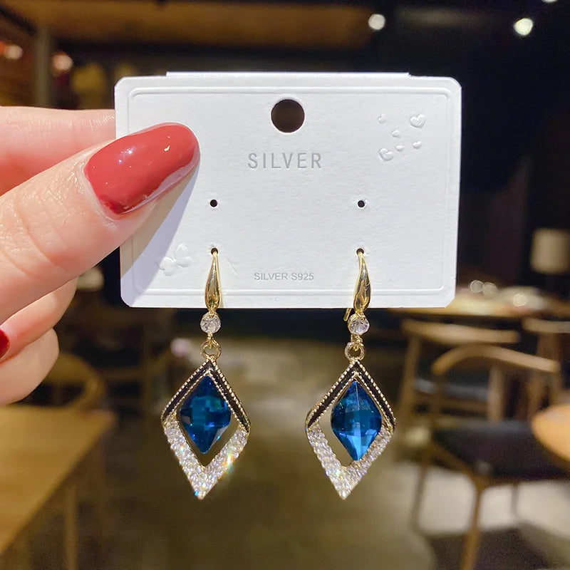Trendy  Long Blue Crystal GeometryDangle Drop Earrings
