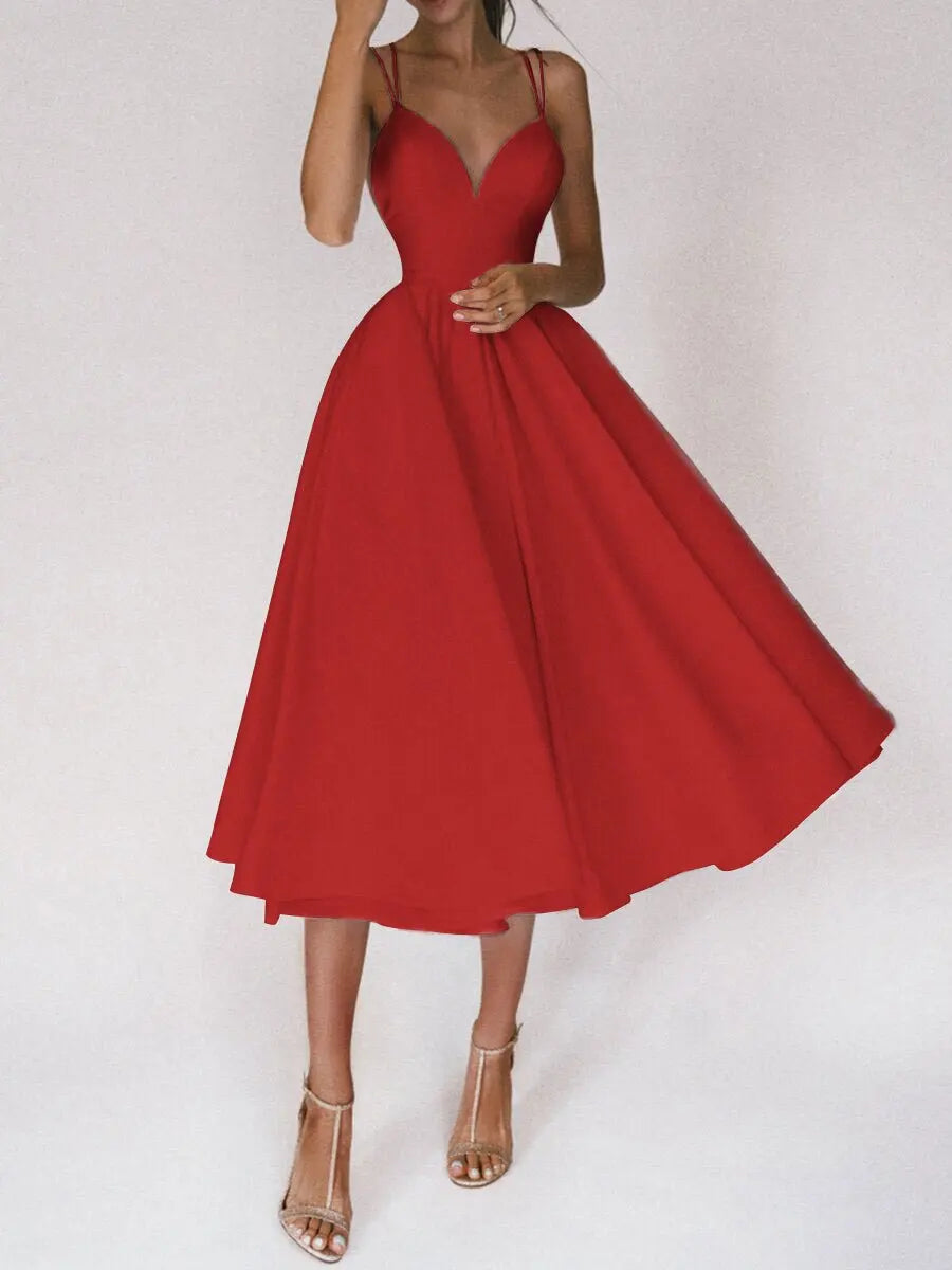 New Spaghetti Strap Solid Color Sexy V-neck Backless Dress