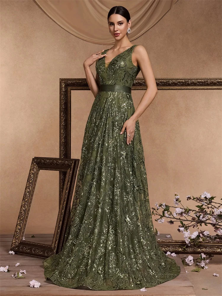 Luxury Sexy Deep V-Neck Sequins B Elegant V-back Wedding Party Long Prom Cocktail Dress
