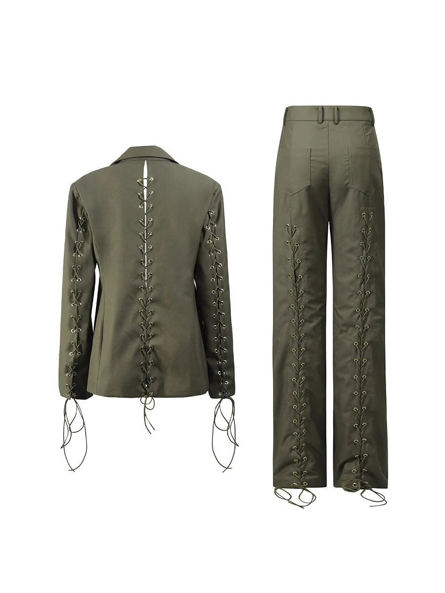 Solid Spliced Lace Up Hollow Out Two Piece Sets for Women
