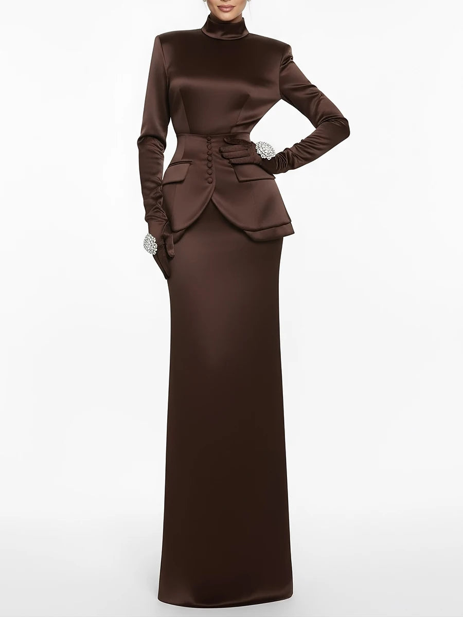 Solid Slimming  Stand Neck Long Sleeves Tunic Top High Waist Skirt Two Piece Sets