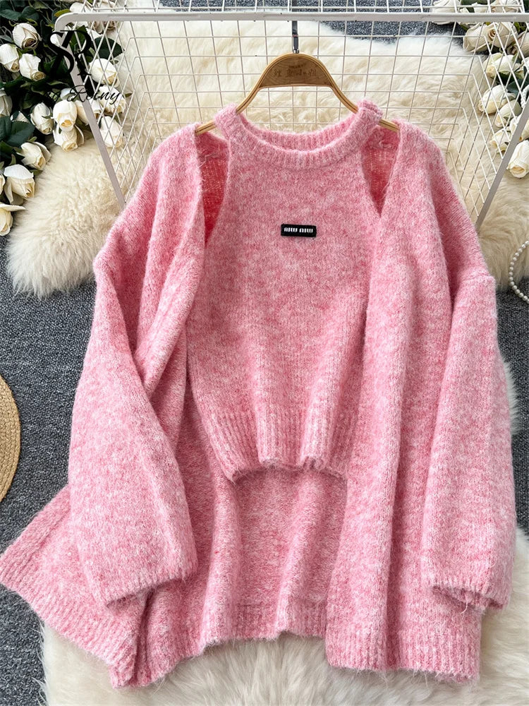 Long Sleeves Loose Warm Cardigan+Sleeveless Knitting Tank Top
