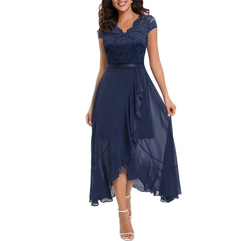 2026 V Neck Short Sleeve  Lace Splice Ruffles Chiffon Irregular Dress