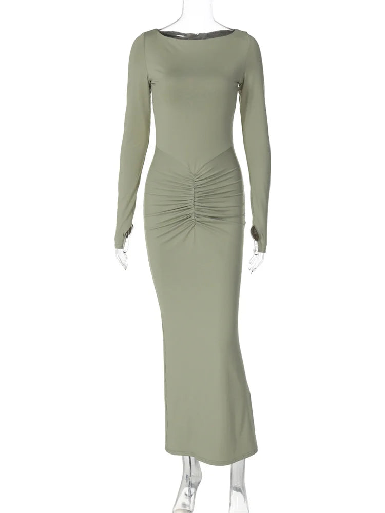Pleated Slim High Waist Patchwork Long Sleeve Solid Bodycon Dress