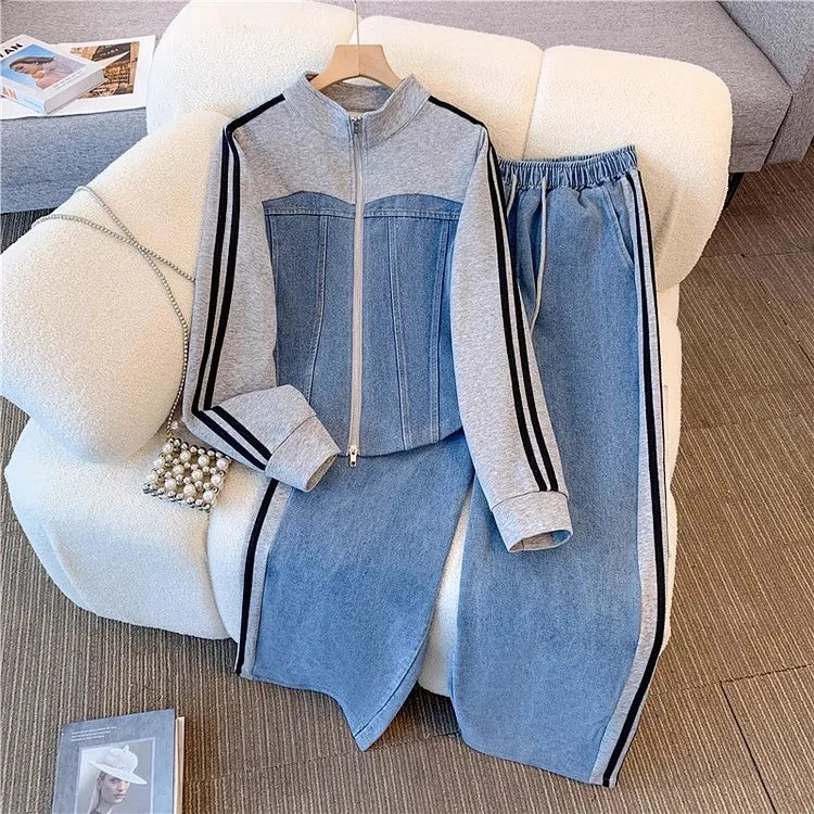 Pant Set Women Two Piece Denim Splice Zipper Matching Set