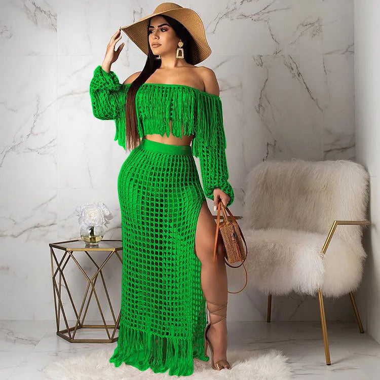 Beach Long Skirts Suit Off Shoulder Tassels Sexy Hollow Out Ensemble 2 Piece Set