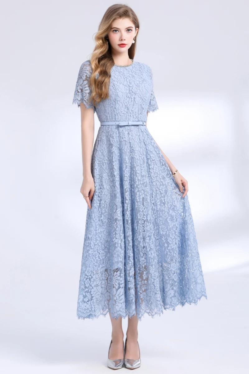 Lace Midi Dress with Belt – Luxury Office & Cocktail Essential