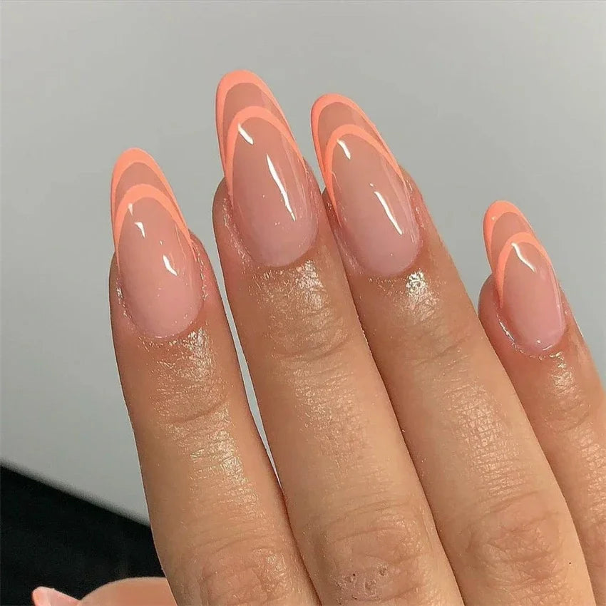 24Pcs/Set Long French Heart Gold Thread Fake Nails