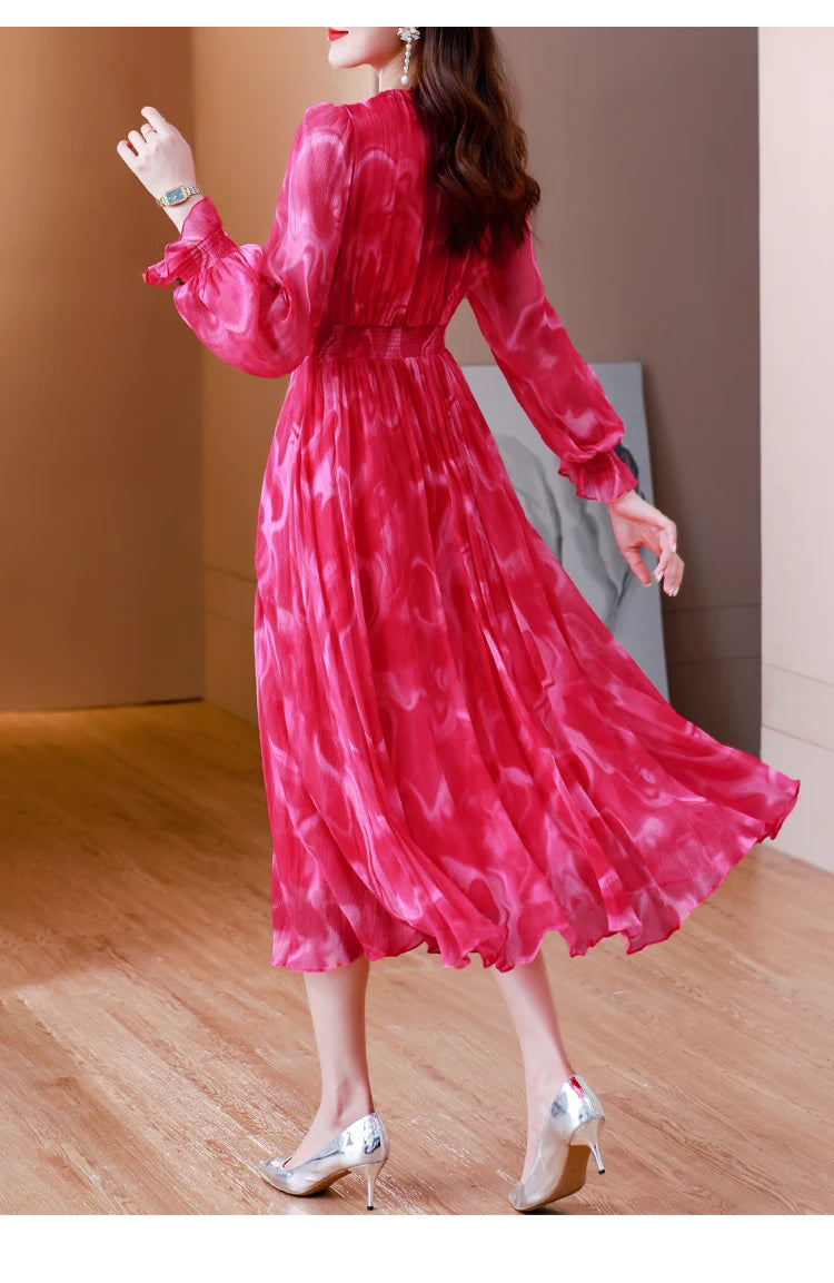 Summer New Long sleeved V-Neck French Silk Lace Splice Printed Waist Slim Over Knee Long Dress