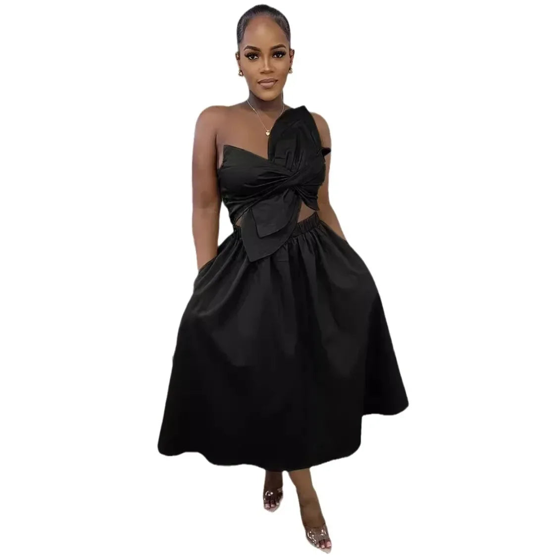 Big Petal Front Strapless Midi Long Dress