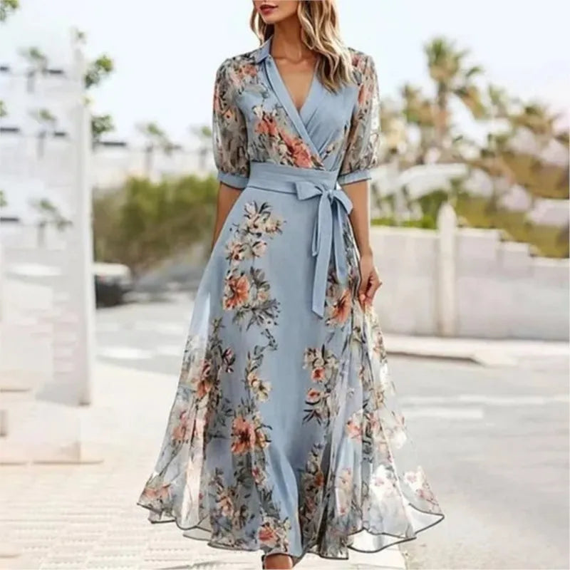 Women’s V‑Neck Ruffle Short Sleeve Floral Chiffon Maxi Dress