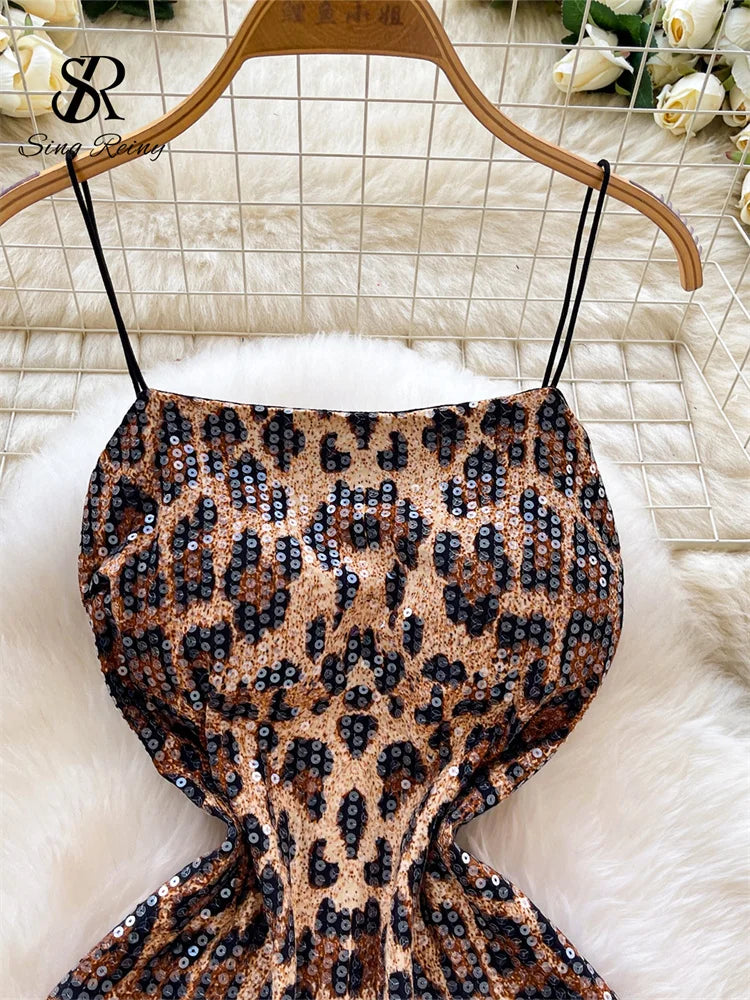 Sexy Leopard 2026 Summer Trendy Night Club Sequined Glitter Bodycon Mini Dresses